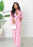 Printed Striped Shirt Loose Pants Two Piece Set AIL-221