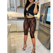 Sexy Tie Up Short Sleeve And Mesh Pant Two Piece Set FOSF-8382