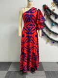 Printed Slash Shoulder Lantern Sleeve Maxi Dress NY-10728