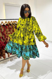 Printed Tie Up Lantern Sleeve Loose Big Swing Dress NY-10726