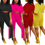 Solid Color Long Flutter Short Sleeve Shorts 2 Piece Set QXTF-8889