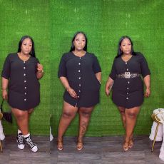 Plus Size 3/4 Sleeve Single-Breasted Casual Dress QYXZ-9976