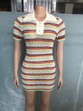Lapel Neck Stripe Knits Mini Dress OSM-4450