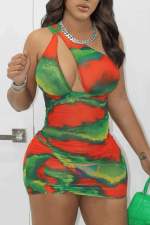 Single Shoulder Print Hollow Out Mini Dress GBGF-23013