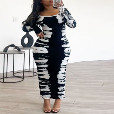 Plus Size Print Long Sleeve Tight Maxi Dress GDAM-218372