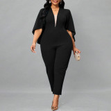 Plus Size Solid Bat Cloak Sexy V-Neck Jumpsuit NNWF-P3049