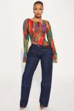 Sexy Mesh Printed Drawstring Top YD-8803