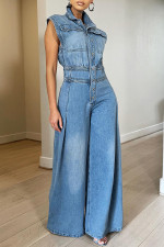 Washed Sleeveless Denim Wide Leg Jumpsuit TR-1300
