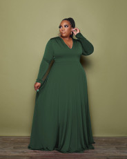 Plus Size Solid Color V Neck Long Sleeve Dress HNIF-OPP085