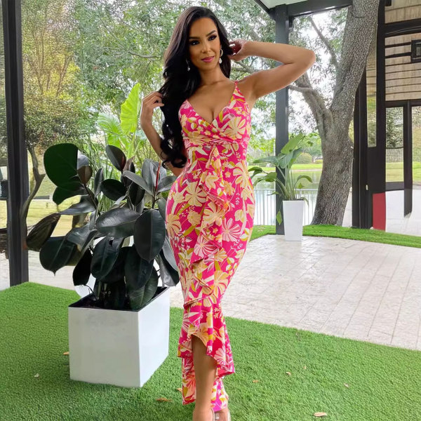 Sexy Sling V Neck Print Dress FSXF-591