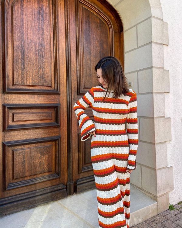 Stripe Color Block Knits Beach Maxi Dress GFQS-5003