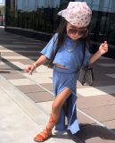 Kids Girl's Solid Short Sleeve T Shirt+Split Skirt 2 Piece Set GYAY-M8013 
