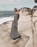 Mesh Stripe Long Sleeve Knits Maxi Dress GFQS-5510