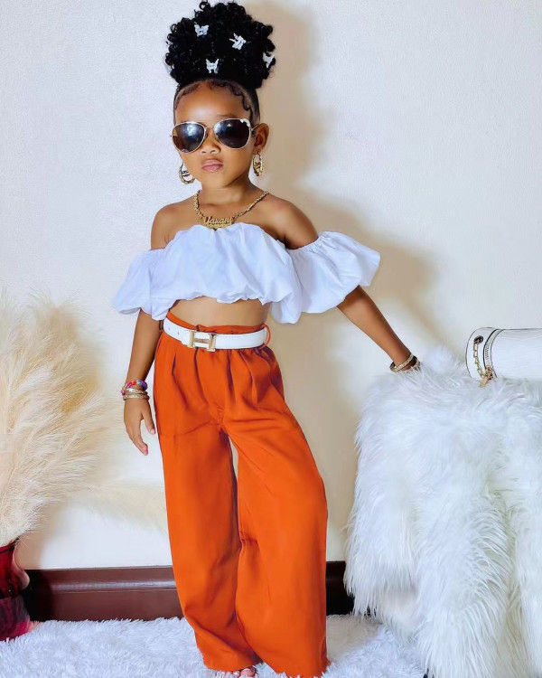 Kids Girl's One Shoulder Ruched Bubble Sleeve 2 Piece Set GYAY-M8011 