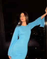 Flare Sleeve O Neck Knits Split Long Dress GFQS-1991