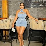 Sexy Denim Halter Zipper Tops Two Piece Skirts Set NYF-8163
