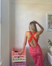 Sexy Print Backless Back Crossed Split Long Dress GFQS-042