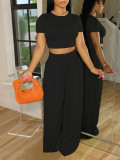 Solid Short Sleeve T Shirt Loose Two Piece Pants Set LM-7258