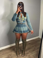 Embroidered Top Pleated Skirt Denim 2 Piece Set CH-88008
