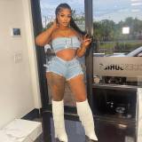 Sexy Wrap Bust Hot Drill Denim Shorts Set TK-6316