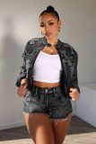 Embroidered Cross Denim Shorts Two Piece Set MEM-88552