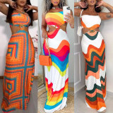 Print Patchwork Backless Hollow Out Maxi Dress NY-10745
