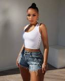 Embroidered Cross Denim Shorts MEM-88551