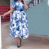 Plus Size Short Sleeve Belt Print Long Dress GDAM-003