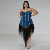 Plus Size Sling Denim Patchwork Mesh Midi Dress GDAM-218376
