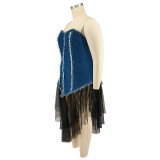 Plus Size Sling Denim Patchwork Mesh Midi Dress GDAM-218376