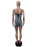 Print Denim Zipper Wrap Chest Two Piece Skirts Set MEM-88568