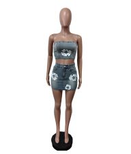 Print Denim Zipper Wrap Chest Two Piece Skirts Set MEM-88568