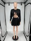 Long Sleeve Backless Tops And Pleated Skirt 2 Piece Set QXLB-10080