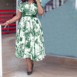 Plus Size Short Sleeve Belt Print Long Dress GDAM-003