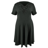 Plus Size Hollow Out Patchwork Midi Dress GDAM-218387