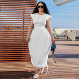 Round Neck Waist-slim Solid Color Long Dress YF-10725
