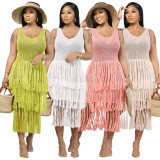 Sleeveless Knits Mesh Tassel Long Dress YS-2406