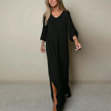 Plus Size Solid Color V Neck Maxi Dress GDAM-015