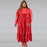 Plus Size PU Round Neck Long Sleeve Cake Dress GDAM-218355