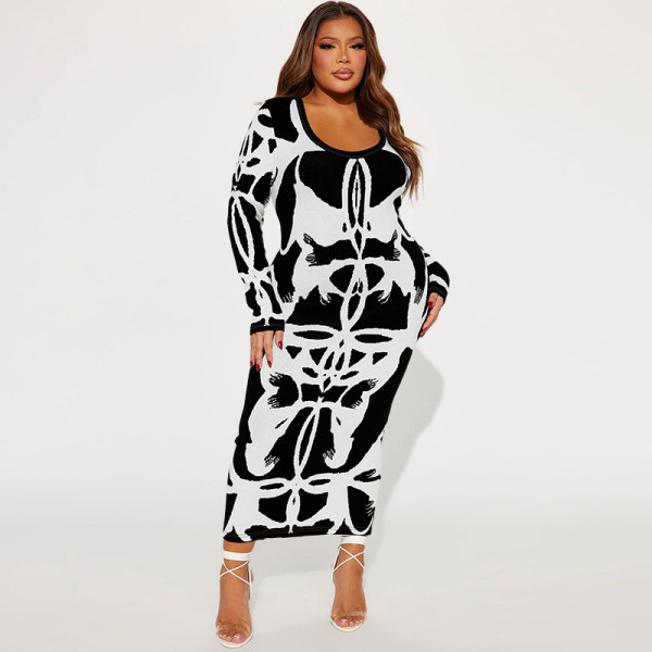 Plus Size Long Sleeve U Neck Long Dress GDAM-218359
