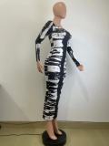 Long Sleeve Print U Neck Long Dress QODY-6017