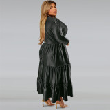 Plus Size PU Round Neck Long Sleeve Cake Dress GDAM-218355