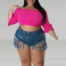 Plus Size Denim Tassel Shorts GDAM-8012