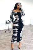Long Sleeve Print U Neck Long Dress QODY-6017