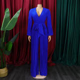 Plus Size V Neck Tie Up Pleated Solid Jumpsuit GCZF-C8468