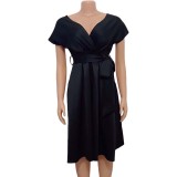 V-neck Pleated Tie Up Sexy Midi Dress GCZF-8483