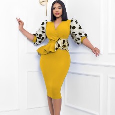 Patchwork Polka Dot Printed Bubble Sleeve Midi Dress GCZF-Q069-C1