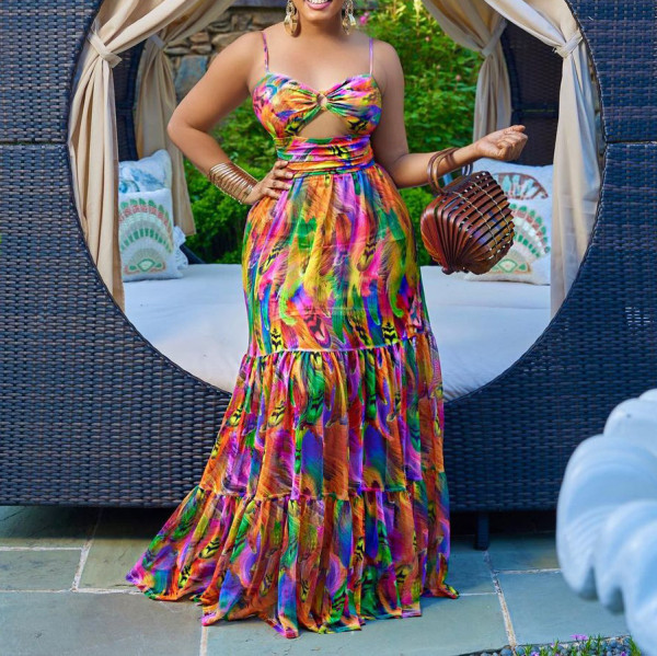 Plus Size Sexy Print Sling Big Swing Maxi Dress GCZF-8465