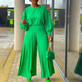 Solid Color Long Sleeve Loose Pleated 2 Piece Set GCZF-8531