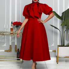 Tie Up Bow Solid Color Mid-Length Dress GCZF-8481
